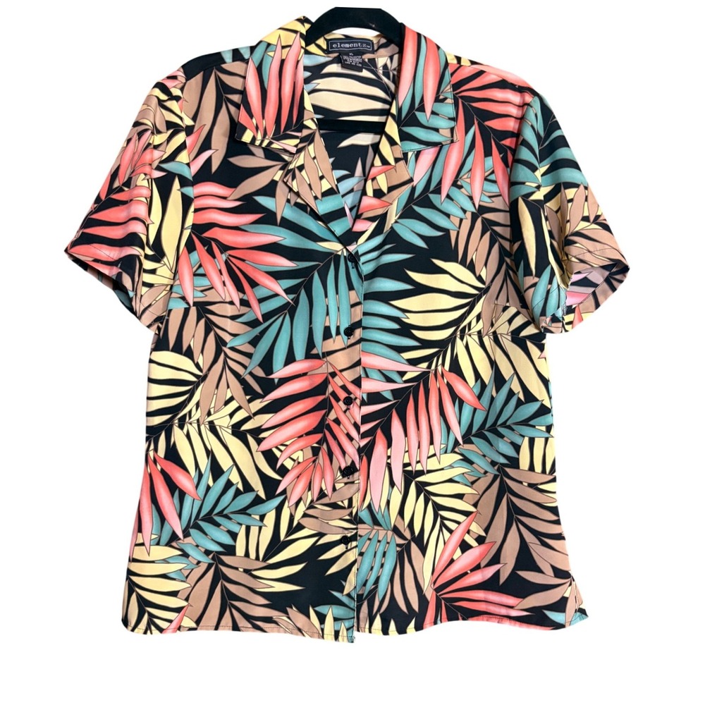elementz Tropical Palm Leaf Blouse Womens XL Multicolor Excellent Button Front